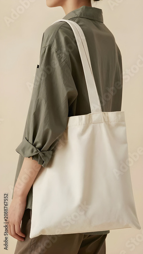 A person holds a cream-colored canvas tote bag against their olive-green collared shirt in a serene and minimalist setting.