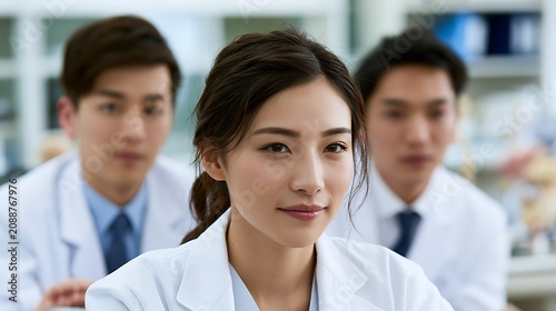 Focused Female Medical Student Surrounded by Classmates in Laboratory Setting