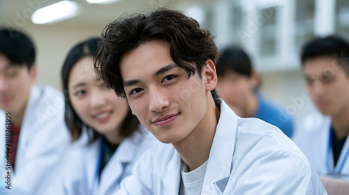 Young male medical student focused on learning in classroom with classmates in background