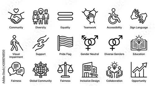 Inclusive community and social diversity outline icons collection focusing on equality teamwork accessibility fairness gender neutral support pride and collaboration.