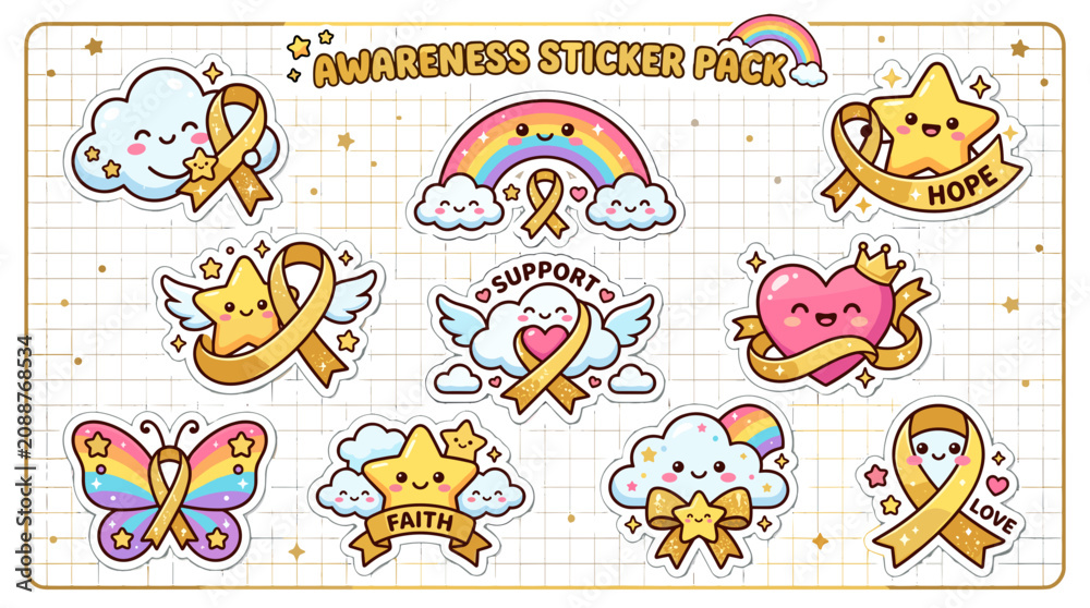 Fototapeta premium Collection of colorful awareness stickers featuring rainbow, heart, star, butterfly, and smiley designs