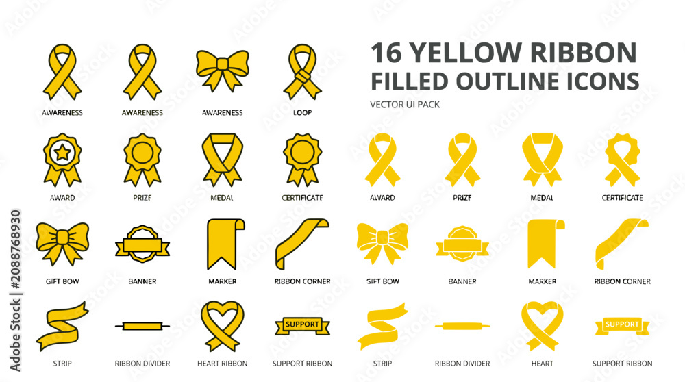 Fototapeta premium Collection of 16 yellow ribbon filled outline icons for awareness campaigns and decoration