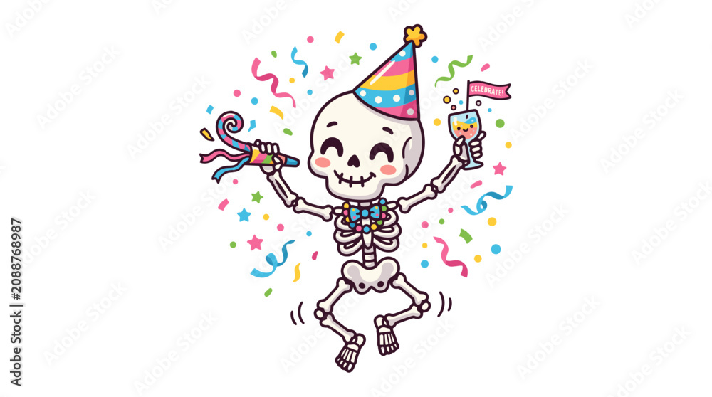 Fototapeta premium Cute cartoon skeleton celebrating birthday with party hat and confetti