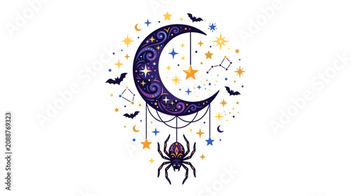 Mystical moon with stars and a hanging spider on a dark night sky illustration
