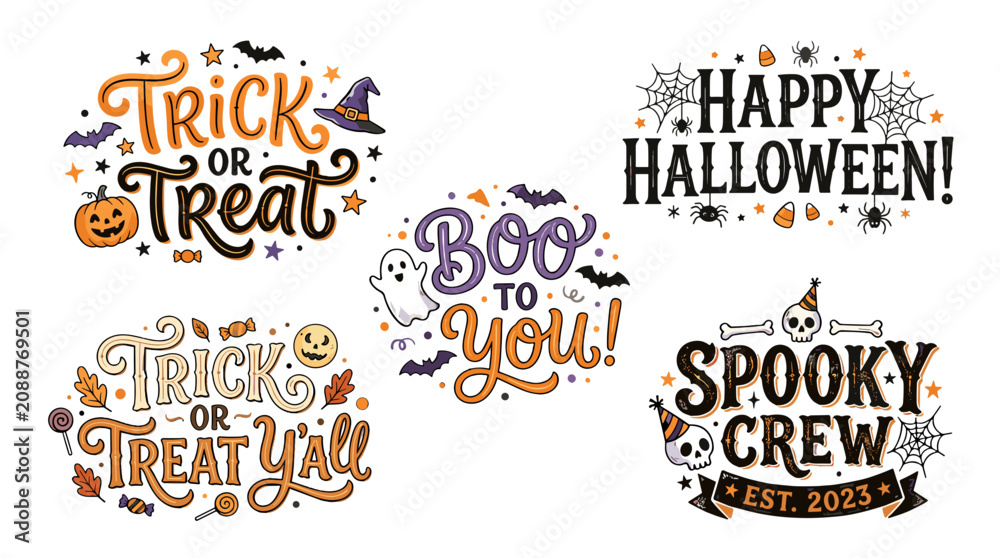 Obraz premium Set of four halloween themed decorative signs with spooky fonts and festive illustrations