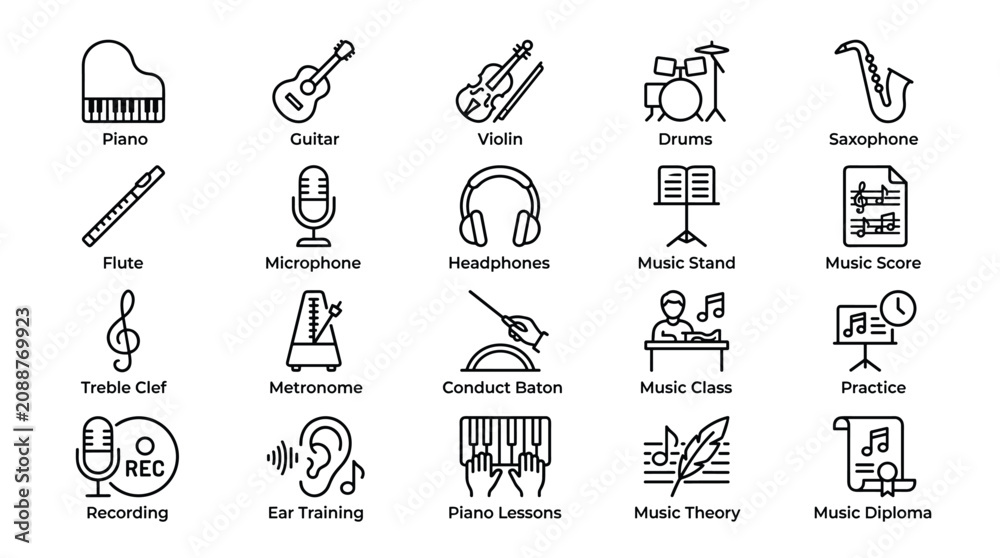 Fototapeta premium Music education icon set, piano, guitar, violin, drums, saxophone, flute, microphone, headphones, music stand, music score.