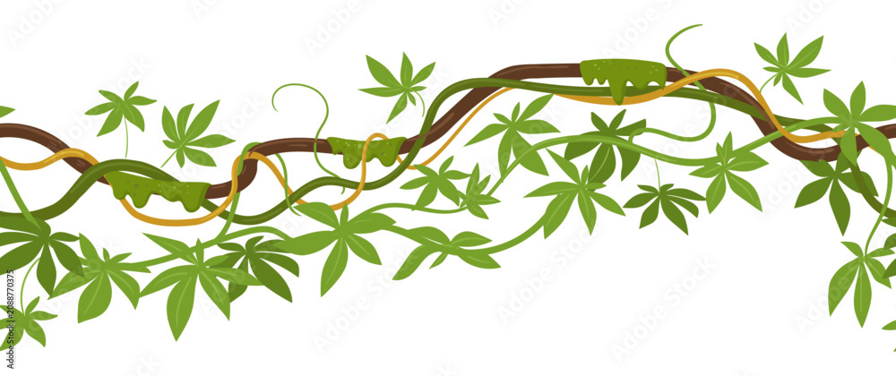 Obraz premium Tropical vine border. Horizontal leafy branch with climbing vines flat vector illustration. Botanical decorative border