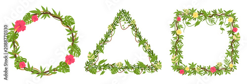 Botanical geometric frames. Round, triangle and square floral borders with tropical leaves and flowers flat vector illustration set. Decorative botanical templates