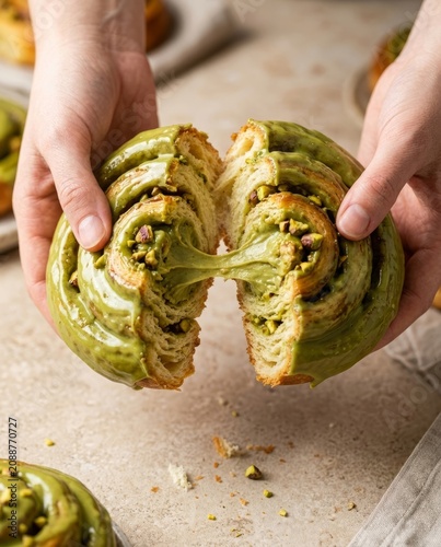 Close up of pistachio filled pastry being pulled apart with creamy filling stretching between halves. Rich texture, nuts topping, gourmet dessert concept.