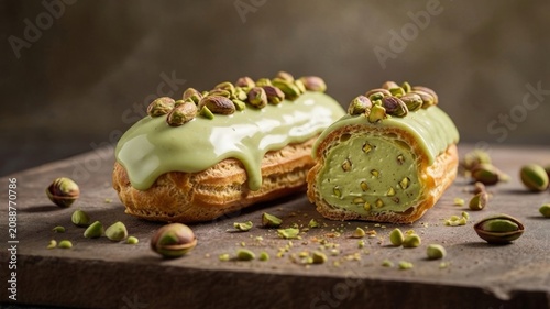 Pistachio eclairs topped with glossy glaze and filled with creamy pistachio filling. Elegant dessert with nuts, close up gourmet presentation.
