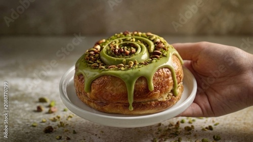 Fresh pistachio pastry with creamy glaze and nuts served on plate held in hand. Soft light, minimal background, gourmet dessert concept.