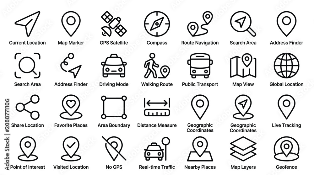 Fototapeta premium Navigation and location icon set covering gps mapping route planning transit and geofencing tools for mobile applications and logistical tracking digital systems.