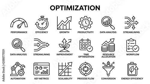 Optimization concepts icons set for business improvement and workflow efficiency with performance data analysis and growth strategy planning.