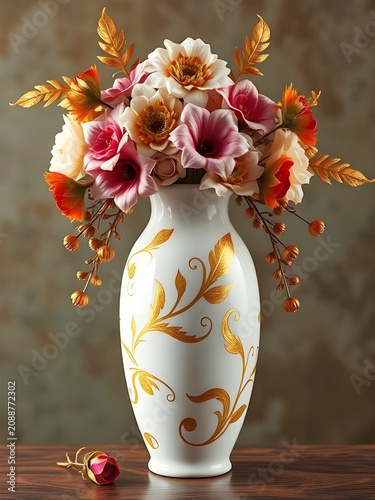A ceramic vase with flowers and golden feathers. 