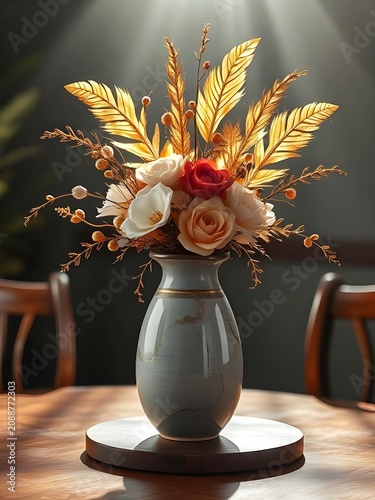 A ceramic vase with flowers and golden feathers. 