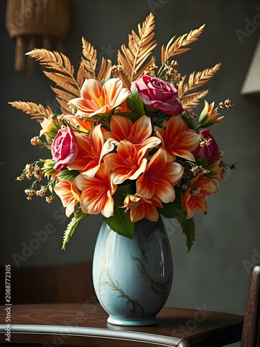 A ceramic vase with flowers and golden feathers. 