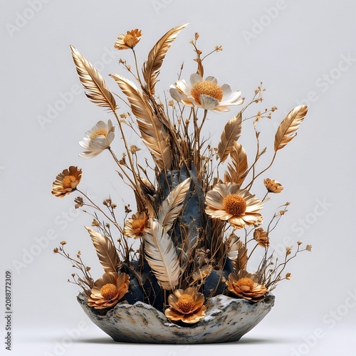 A ceramic vase with flowers and golden feathers. 
