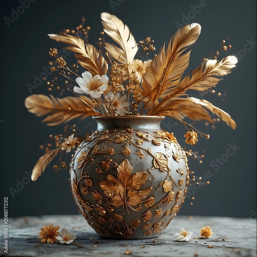 A ceramic vase with flowers and golden feathers. 