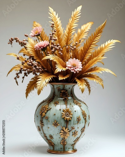 A ceramic vase with flowers and golden feathers. 