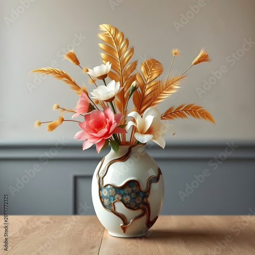A ceramic vase with flowers and golden feathers. 