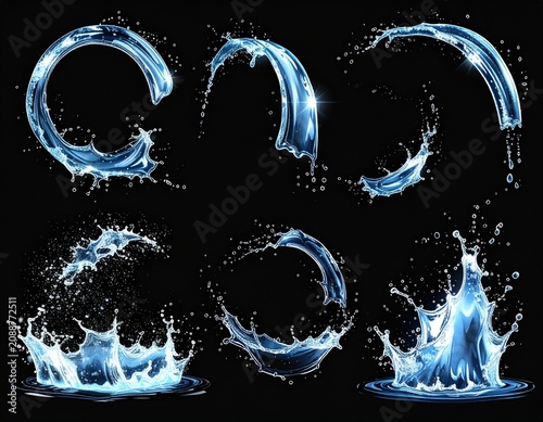 スプラッシュする水しぶきのエフェクト素材　半円の水エフェクト　黒背景