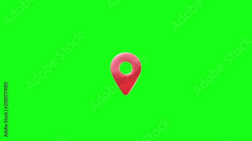3D animation of a rotating red location pin icon above a yellow circle on a green screen background