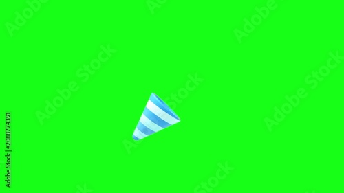 3D animated video of a blue party popper with colorful confetti shooting out on a chroma key green screen background for celebration and New Year effects