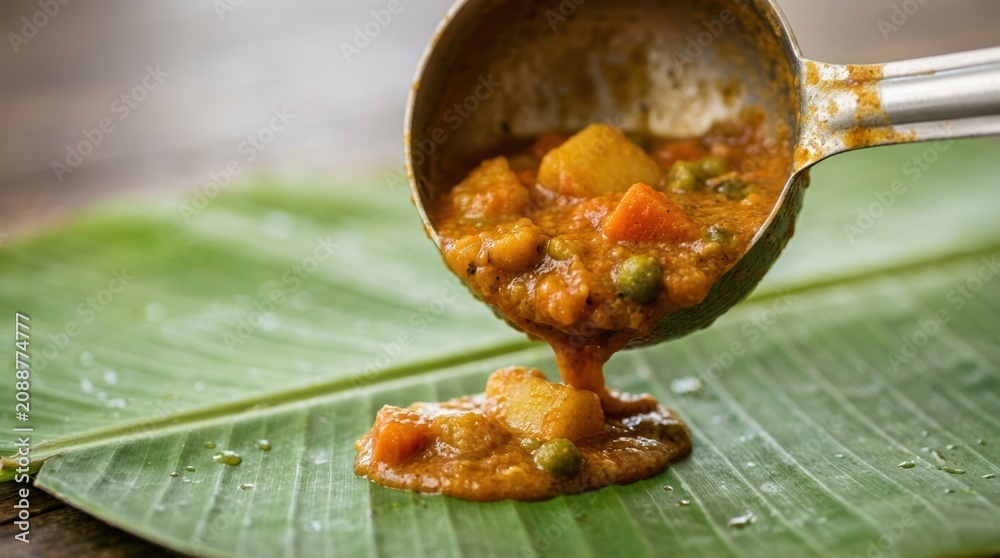 Fototapeta premium Vegetable Curry Served on Banana Leaf Traditional Indian Cuisine Dish for Authentic Dining Experience and Food Photography