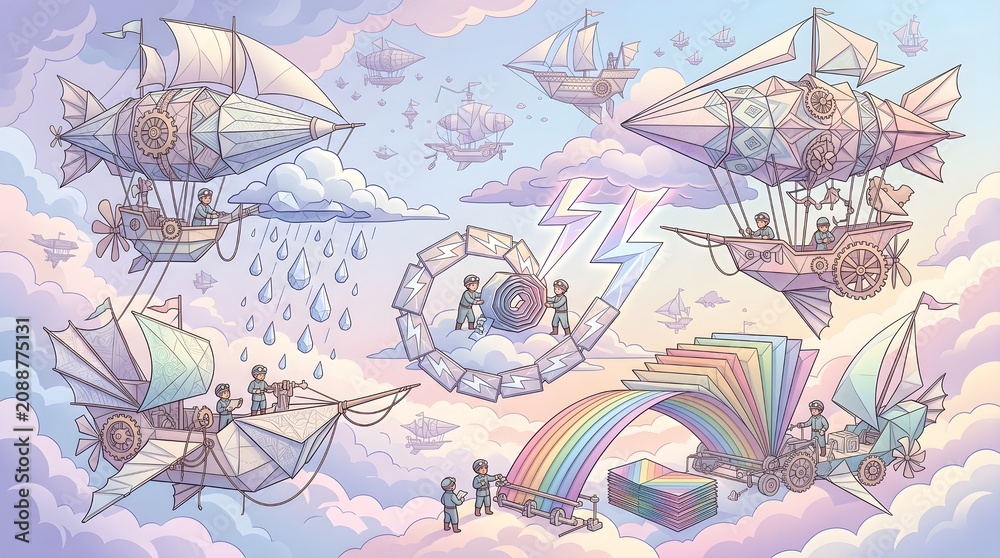 Obraz premium Whimsical steampunk airships in pastel clouds, fantasy flying machines with rainbow and lightning elements, dreamlike sky adventure illustration