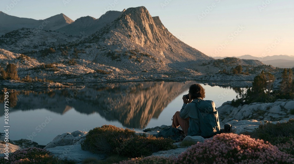 Obraz premium Person sitting on a rocky cliff overlooking a beautiful mountain lake. the person is holding a camera and appears to be taking a photo of the lake.