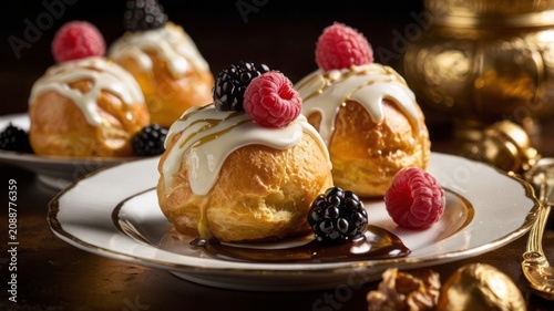 Gourmet profiteroles topped with white cream glaze and fresh raspberries and blackberries. Elegant dessert plating, rich texture, luxury restaurant style.