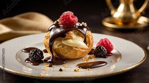 Close up of profiterole with creamy filling topped with glossy chocolate sauce and fresh berries. Rich dessert texture, gourmet patisserie concept.