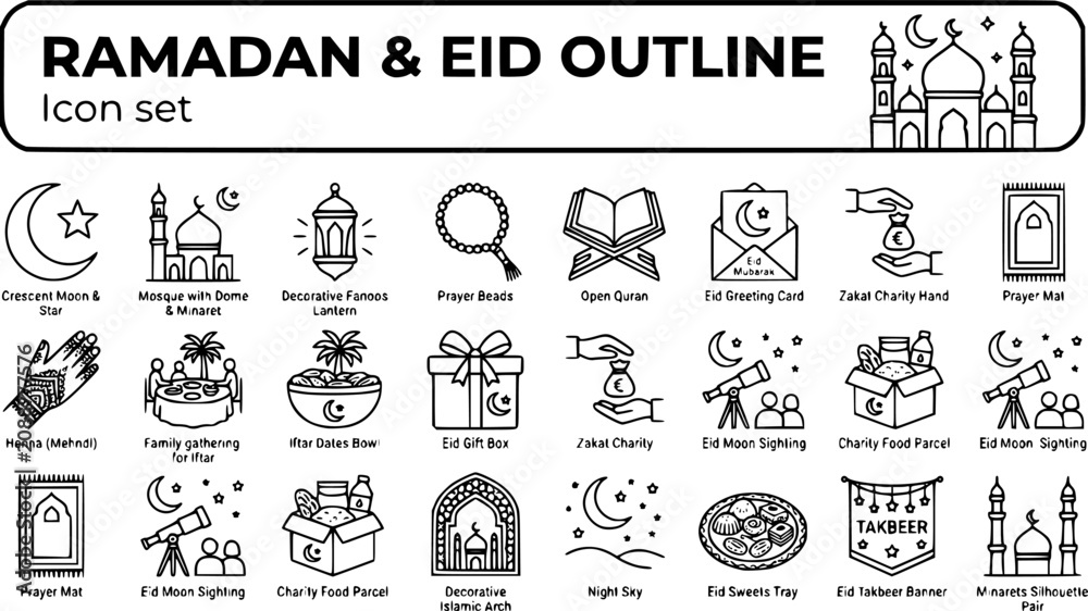 Obraz premium Ramadan and Eid Celebration Outline Icon Set with Crescent Moon, Mosque Silhouette, Lantern Fanoos and Iftar Dates, 20 Icons Editable Strokes