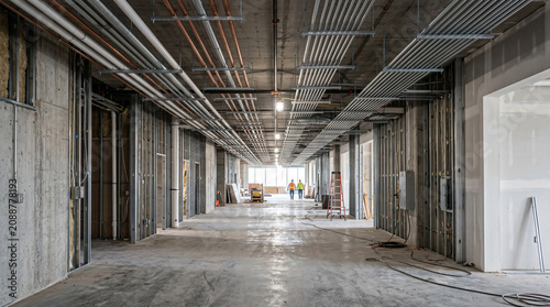 Empty Industrial Concrete Corridor with Exposed Pipes and Natural Light