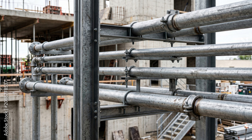 Close-up of industrial metal pipes on construction site