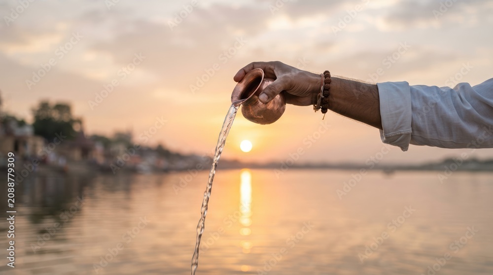 Obraz premium Indian man performing morning water offering ritual with copper vessel at sunrise on river bank for spiritual peace
