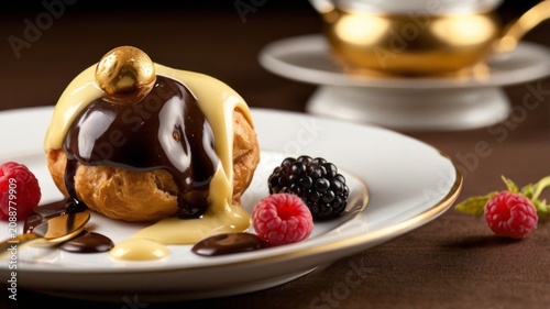 Chocolate glazed profiteroles filled with vanilla cream, served with fresh berries. Close up dessert scene with rich texture, elegant plating and gourmet presentation.