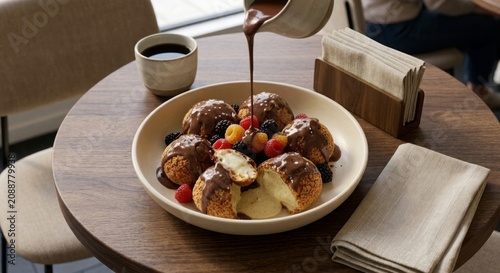 Chocolate glazed profiteroles filled with vanilla cream, served with fresh berries. Close up dessert scene with rich texture, elegant plating and gourmet presentation.