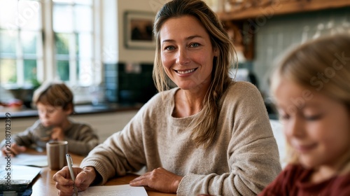 Smiling mother helps her children with homework at the kitchen table