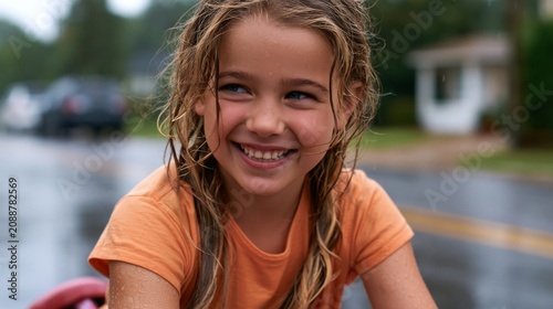 Joyful young girl with wet hair smiles brightly in the rain