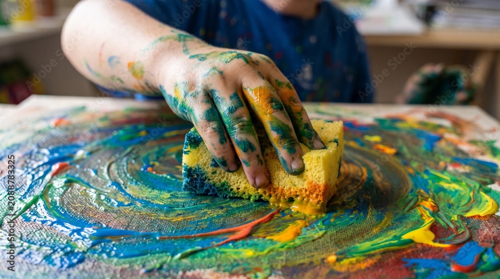 Obraz premium Childs hand covered in paint using a sponge to create abstract art on canvas