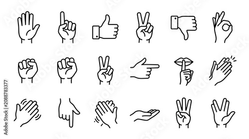 Human hand gestures outline icon set. Communication signs including thumbs up, peace, pointing, clapping, and OK symbol.