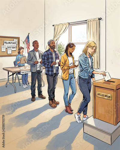 democracy in action: people depositing their ballot at a polling place