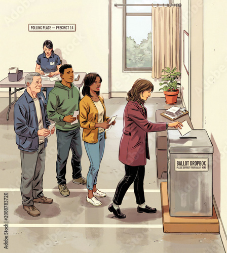 democracy in action: people depositing their ballot at a polling place