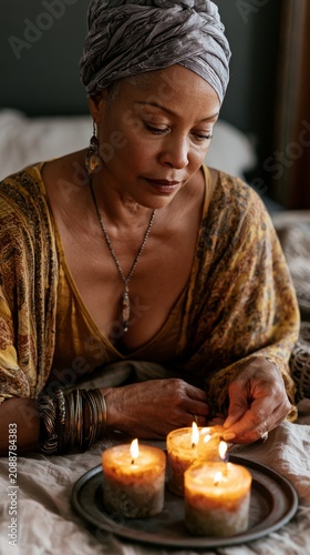 Mature woman lighting candles with a thoughtful expression, wearing a headscarf and jewelry