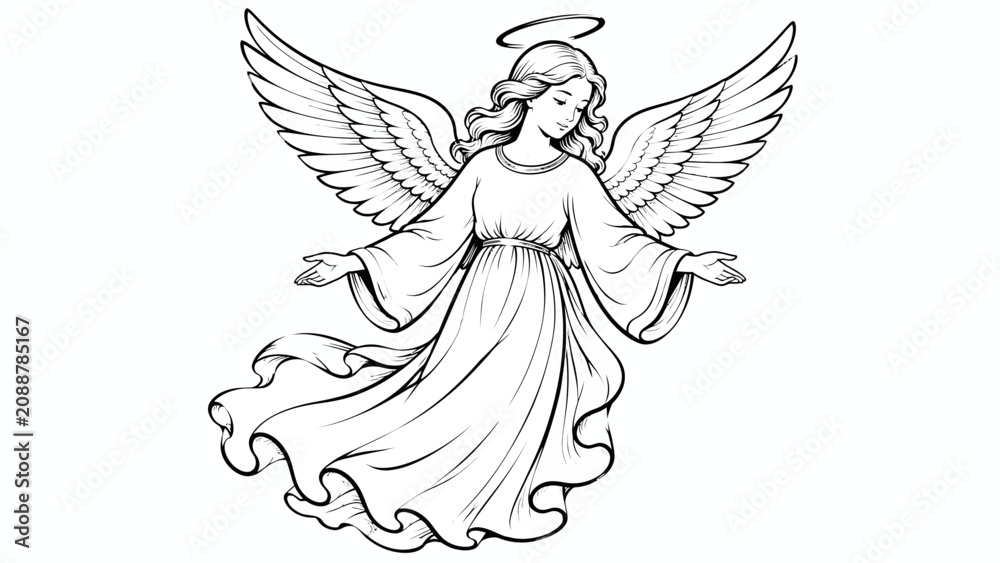 Obraz premium An ethereal angel with spread wings and a halo, depicted in a graceful line drawing. The angel wears a flowing robe and has an aura of peace and divine presence