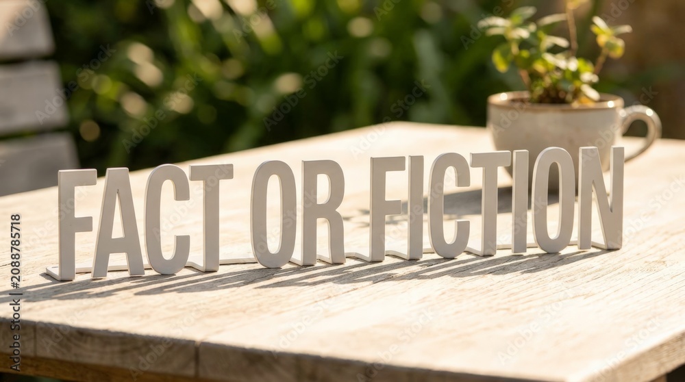 Fototapeta premium Wooden letters spelling fact or fiction on outdoor table with coffee.
