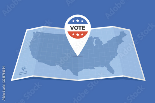 Midterm election concept with a map of the USA with the location marker labeled as vote vector illustration in flat style