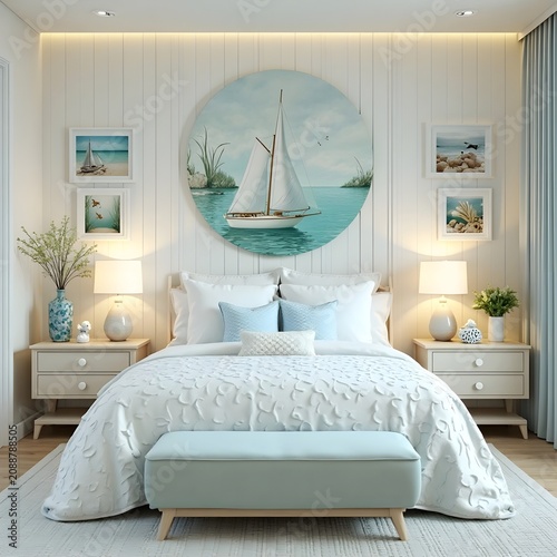 A serene, coastal-themed bedroom, decorated in natural and delicate colors white, light blue.