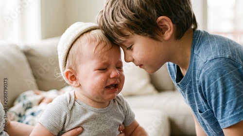 Older brother comforts crying baby sibling with forehead touch indoors